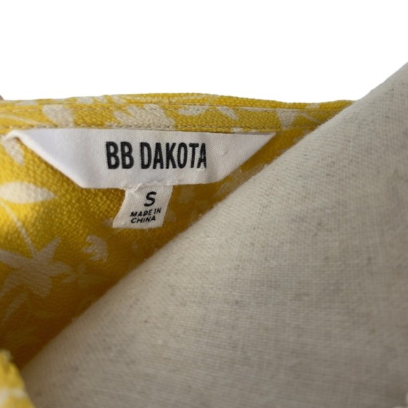 BB Dakota Womens All The Frills Ruffle Crepe V Neck Yellow Floral Blouse Small - Picture 10 of 11